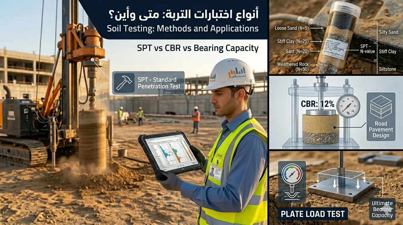 أنواع اختبارات التربة: SPT وCBR وقدرة التحمل — متى تحتاج كل اختبار؟