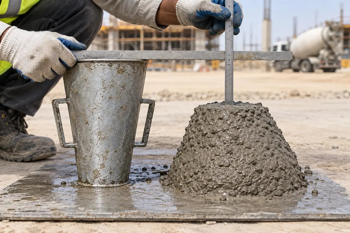 Fresh concrete slump measured vertically from a straightedge above the inverted Abrams cone to the displaced original center of the sample top
