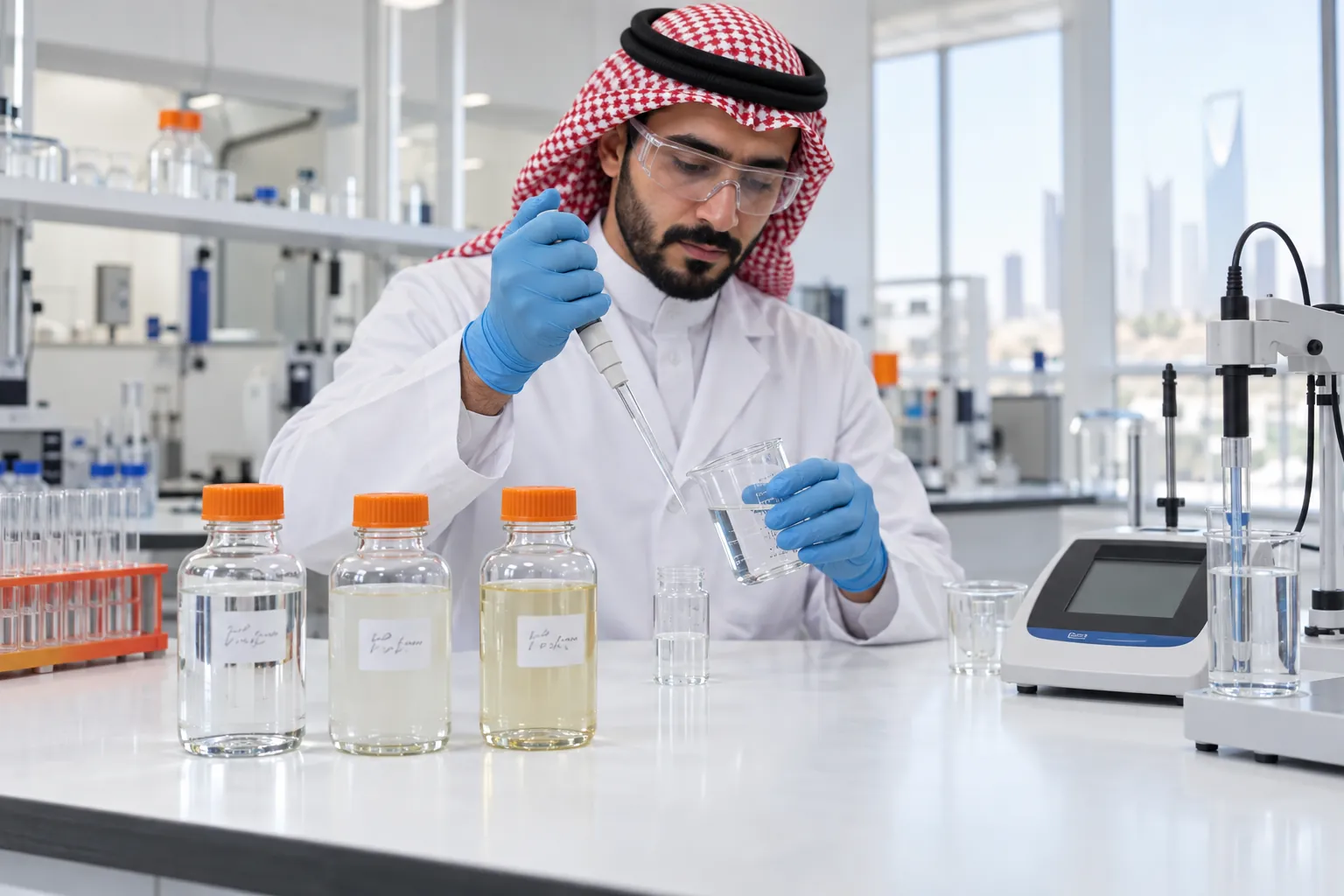 فني مختبر يحلل عينات مياه متفاوتة النقاء بجوار جهاز قياس العكارة والأس الهيدروجيني